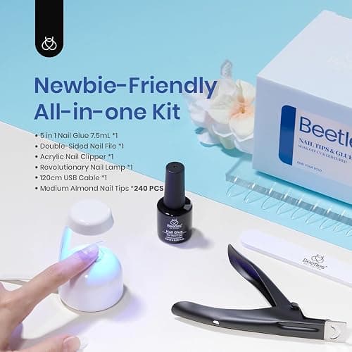 Beetles Gel Nail Kit Almond Nail Tips Easy Nail Extension Set 9 In 1 Nail Glue Gel with Pre shaped Medium Almond Nail Tips & UV Nail Lamp Acrylic Nail Clipper DIY Art Gifts for Her thumbnail 2
