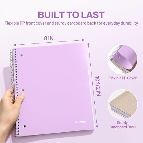 SUNEE Spiral Notebook, 1-Subject, College Ruled Paper, 8" x 10-1/2", 100 Sheets per Notebook, 3-Hole Punched Paper, Water Resistant Cover, Double-sided Pockets, Spiral Lined Notebooks for Work, Purple thumbnail 3