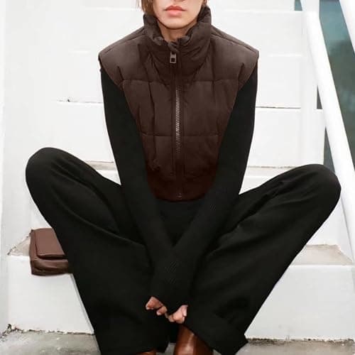 Shiyifa Women's Fashion High Neck Zipper Cropped Puffer Vest Jacket Coat thumbnail 5