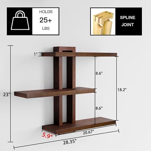 yaqew Variable Wood Floating Shelves Set of 3, Wall Cube Shelves 28.35" Max, Wall Shelves for Living Room Bathroom Bedroom - Light Walnut Color - 28.35" x 23" x 5.9" Max thumbnail 3