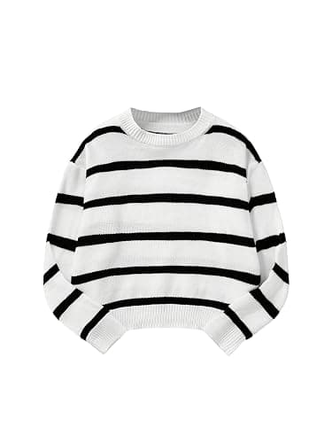 MakeMeChic Girl's Striped Sweater Long Sleeve Colorblock Roundneck Drop Shoulder Knit Loose Pullovers - Image 1