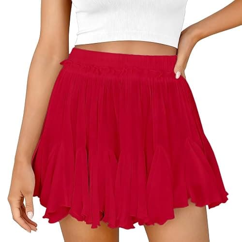 Women's Flowy Shorts Casual Linen Boho Ruffle Mini Skirts Pleated High Waist Cute Butterfly Skorts with Pocket for Women Summer Trendy,Red-M - Image 1