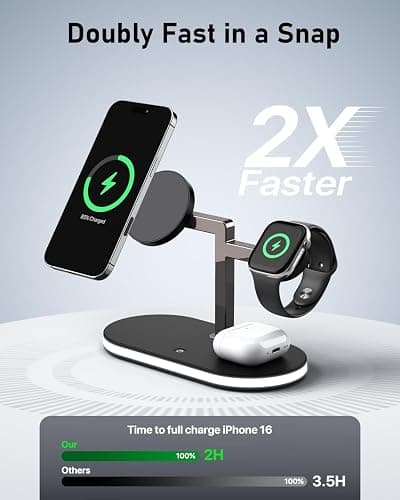 UEQ 4 in 1 Wireless Charging Station for Apple MagSafe Charger,Fast Charging Magnetic Wireless Charger Stand with Night Light for iPhone 17 Air 16 15 14 13 12 Series,Apple Watch and AirPods (Black) thumbnail 2