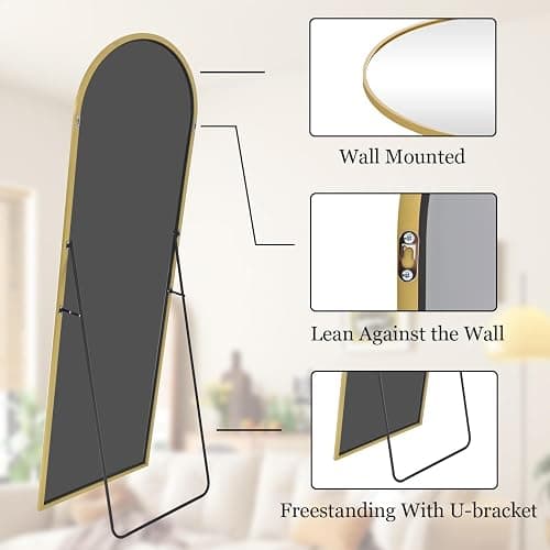 VooBang Arch Mirror Full Length, 26" x 71" Floor Mirror with Stand, Aluminum Alloy Frame Full Body Mirror, Standing Hanging or Leaning Against Wall for Bedroom and Living Room, Gold thumbnail 6