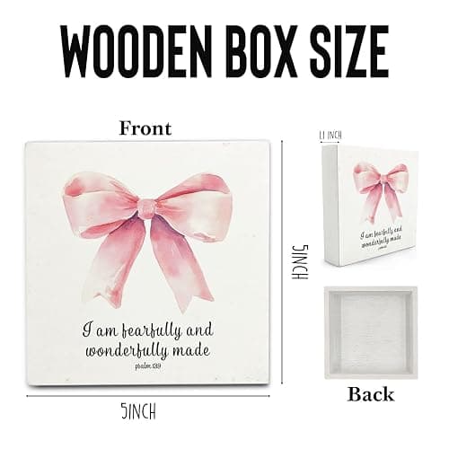OVAcational Coquette Pink Christian Bow Wooden Signs,Coquette Room Decor,Christian Religious Wooden Box Sign,Pink Bow Room Decor For Girls Dorm Desk Shelf Tabletop Decoration 5x5 Inches thumbnail 3