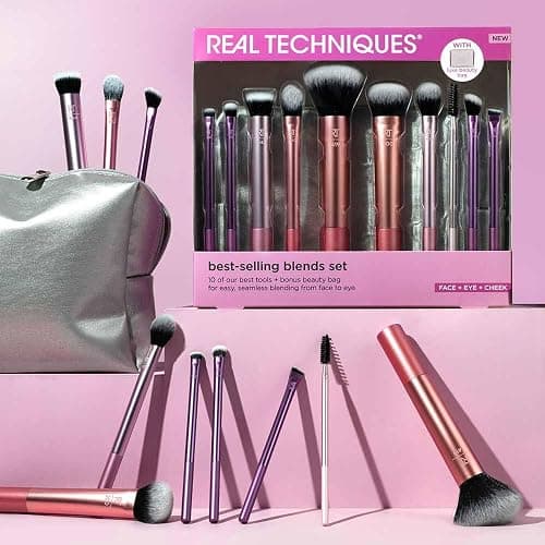 Real Techniques Blends Set, 10-Piece Makeup Brush Collection with Beauty Bag for Face and Eye, Use with Liquid, Cream, or Powder, Vegan, Cruelty-Free, Travel-Friendly, Easy to Clean thumbnail 7