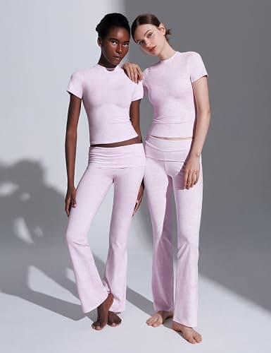 PUMIEY Women's 2 Piece Lounge Sets Short Sleeve Tops Fold-Over Flare Pants Casual Outfits Matching Set Nap Collection thumbnail 6