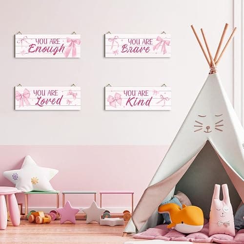 Dazzlewall 4Pcs Pink Inspirational Wall Decor, Bow Tie Wooden Signs for Living Room Bathroom Girls Bedroom Wall Decor Gallery Hanging Plaques, 11.4x3.9 in thumbnail 5