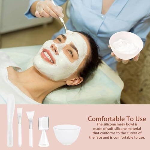 Rowcay Silicone Mixing Bowl Set, 5 Piece DIY Mask Mixing Kit, contains silicone bowl, mask brush, bowl stick spatula, mask applicator, measuring cup. Great beauty tool for home salon. thumbnail 6
