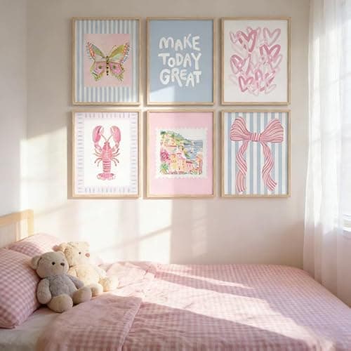 6Pcs Unframed Pink Blue Beach Wall Art Trendy Coastal Granddaughter Wall Decor Picture Summer Preppy Lobster Bow Canvas Posters Prints for Girls Apartment Dorm Home Decorations thumbnail 7