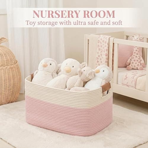 danpinera Large Woven Basket 25’’*16’’*16’’ Rectangle Woven Baskets for Storage, Storage for Living Room, Soft Cotton Rope Basket With Handle, Large Basket for Kids Dog Toys, 108L Pink+White thumbnail 4