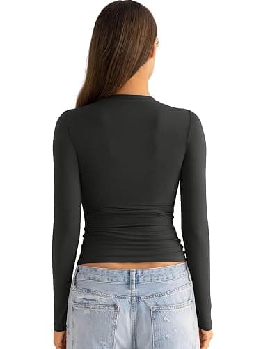 EasyGala Womens Double Lined Long Sleeve Shirts Crewneck Ruched Top Tight Fitted Basic Tee Fall Going Out Outfits 2026 thumbnail 5