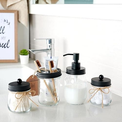 Amolliar Mason Jar Bathroom Accessories Set 4 Pcs -Lotion Soap Dispenser & 2 Cotton Swab Holders & Toothbrush Holder - Rustic Farmhouse Decor, Bathroom Home Decor, Perfect Decorating Idea (Black) thumbnail 2