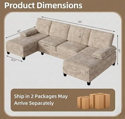 U-Shaped Sectional Couches for Living Room, 4 Seat Sofa with Double Chaise Lounges,Solid Wood Frame Sectional Sofa for Apartment,Beige thumbnail 2