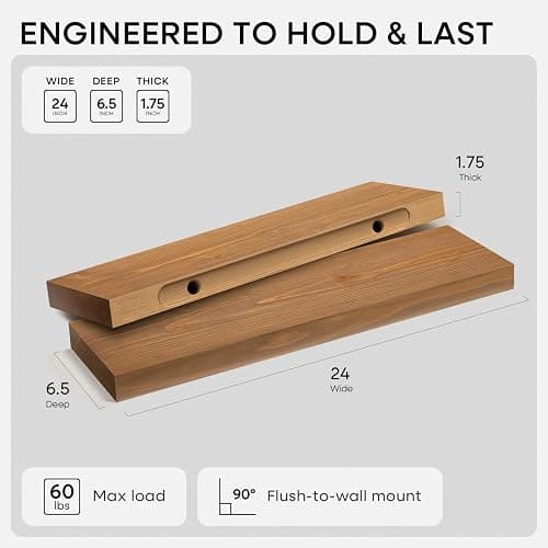 Homeforia 24 inch Golden Oak Floating Shelf, High End Solid Real Wood 24inch Small Floating Shelves for Wall Mounted, Oak Wooden 24in Floating Shelves, Heavy Duty Bracket, 24 X 6.5 X 1.75 in, Set of 2 thumbnail 2