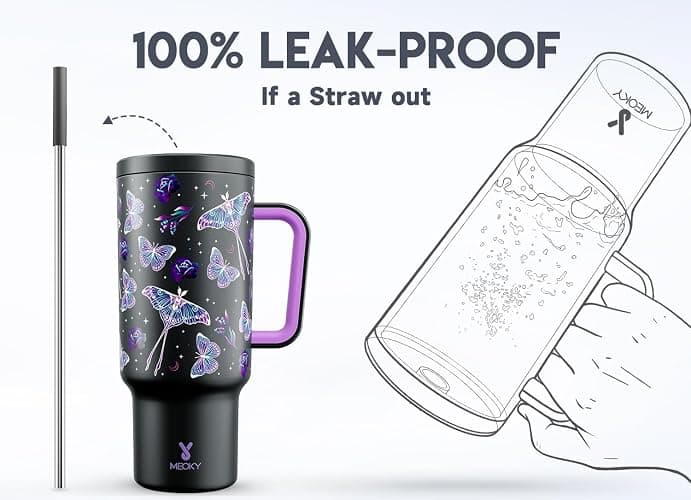 Meoky 40 oz Glow in the Dark Tumbler with Handle and Straw, Tumbler with Lid and Straw, Insulated Stainless Steel Travel Mug, 100% Leak-proof, Keeps Cold for 34 Hours (Butterfly) thumbnail 4