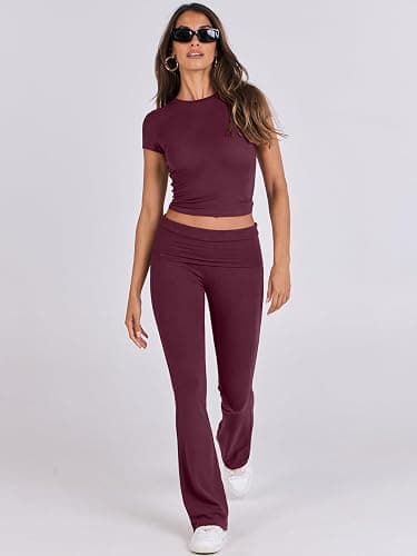 ANRABESS Lounge Sets for Women 2 Piece Foldover Yoga Flare Leggings Pants Crop Tops Casual Y2K Outfits Matching Tracksuit Set thumbnail 9