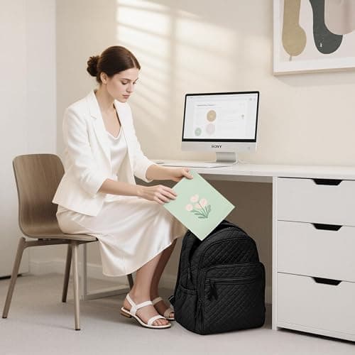 RosaRubus Backpack for Women,College Backpack,Quilted Casual Daypack,Waterproof Bookbag for 15.6Inch Laptop (Black) thumbnail 2