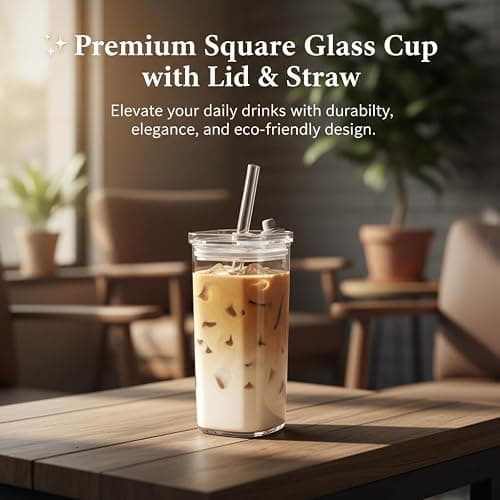Vibinz Glass Cups with Lid and Straw, 12oz/350ml Clear Glass Coffee Tumbler for Iced Drinks, Tea, Smoothies, Latte and Matcha, Reusable Drinking Glass Set, Cute Cups for Home, Kitchen Essentials thumbnail 2