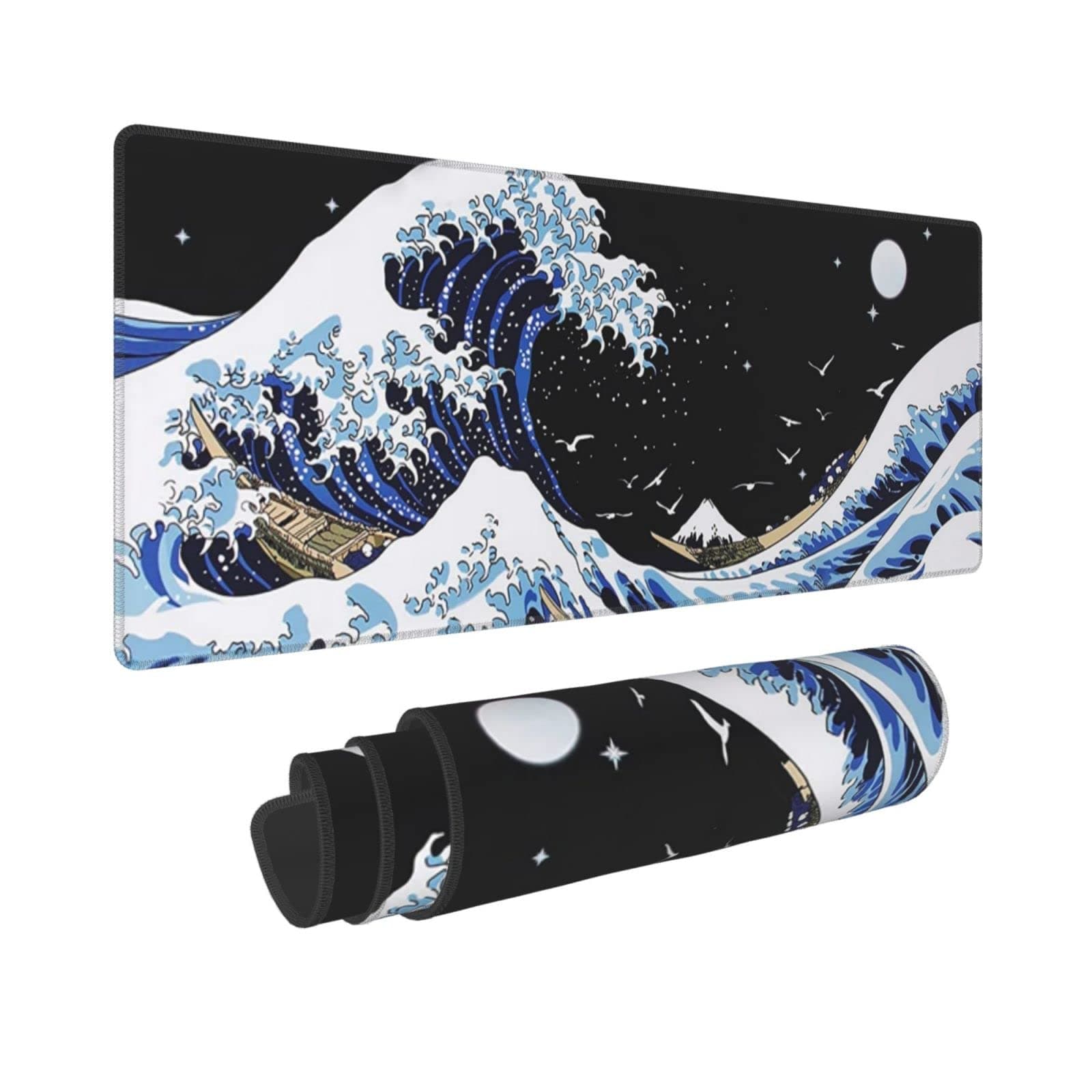 Japanese Blue and Black Sea Wave Mouse Pad - Abstract Blue Desk Mat, 31.5x11.8 Inch, Non-Slip Rubber Base, Stitched Edges - Keyboard Mouse Mat for Office, Home, Game - Image 1