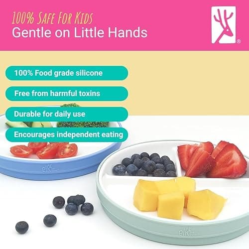 Elk and Friends Kids 6.7” Porcelain Divided Plates with Silicone Sleeves | Suitable for Babies/Kids/Toddlers | Microwave & Dishwasher Safe | Non Slip | Snack Dishes - Sage/Misty Blue/Navy/Gray - 6.7" Divided thumbnail 5