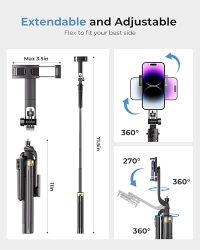 72" Phone Tripod, Tripod for iPhone with Wireless Remote Control, Portable Selfie Stick for iPhone, Live Streaming, Video Recording, Compatible with Cell Phones, Cameras thumbnail 4