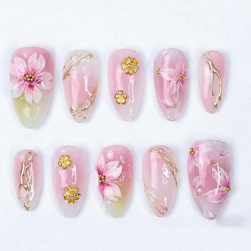 30Pcs Shiny Pink Press on Nails Medium Almond Fake Nails with Gold Beads 3D Flowers Designs Spring Acrylic Nails Peach Blossoms False Nail Gradient Pink Flower Full Cover Stick on Nails for Women - Image 1
