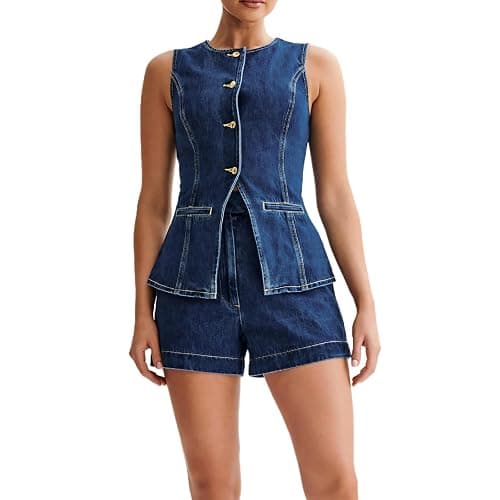 Womens Denim 2 Piece Set Sleeveless Button Down Vest Tops Short Pants Suit Sets - Image 1