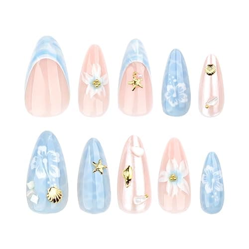XZMeiLun Handmade Summer Blue 3D Star Flower Press On Nails Almond Medium 24 Pcs, Ocean Shell French Designer Reusable Acrylic Fake Nails with Glue On Nails, Beach Daily wear Floral Nails for Women thumbnail 2