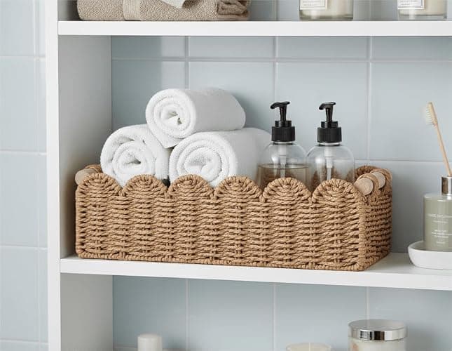 CubesLand Paper Rope Scalloped Edge Toilet Paper Storage Basket, Small Living Room, Bedroom Decor Baskets for Over Toilet Storage Shelf, End Table, Shelves and More, with 2 Wooden Handle, Neutral thumbnail 7