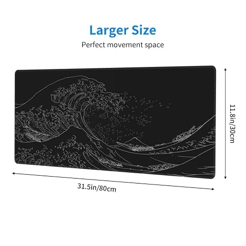 Extended Gaming Mouse Pad, Large Gaming Mouse Waterproof with Stitched Edges, Non-Slip Desktop Pad for Home and Office, Level Up Your 31.5x11.8 Inch… (Black Wave) thumbnail 3