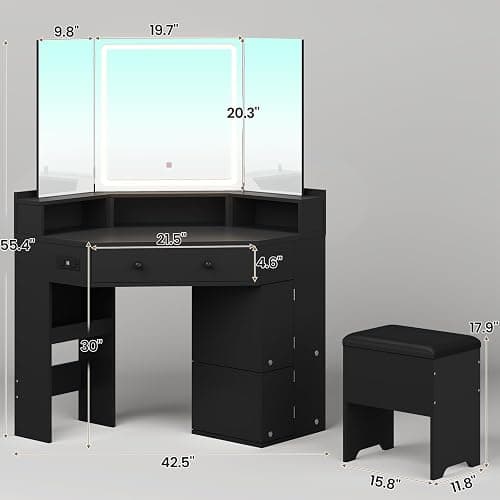 HAUOMS Corner Vanity Desk with Mirror Lights & Storage Bench, Black | Makeup Vanities with Drawers & Rotating Shelves, Power Outlet, 3 Light Settings, Dimmable for Women Girls thumbnail 2