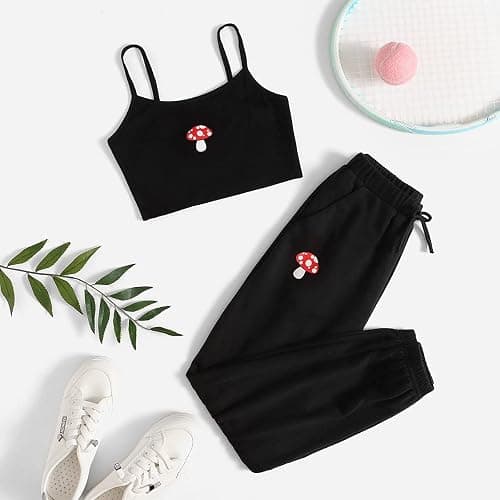 OYOANGLE Girl's 2 Piece Outfits Sleeveless Mushroom Cartoon Print Embroidery Round Neck Shirt Top and Sweatpants Pants Sets thumbnail 5