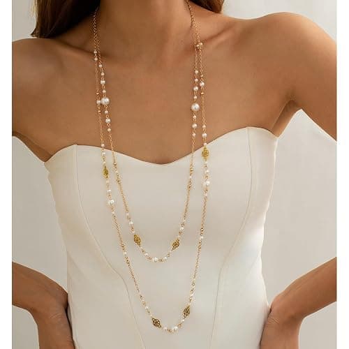 Long Pearl Necklaces for Women Pearl Long Chain Necklace Dainty Gold And Long Pearl Necklaces Layered Pearl Necklace Statement Sweater Strand Chain Jewelry thumbnail 3