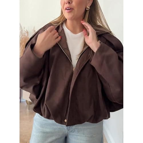 Csvinkiko Women's Faux Suede Bomber Jacket Oversized Pilot Coats Fall Lapel Zip Up Motorcycle Streetwear Outerwear thumbnail 3