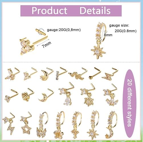 SAMOCO 20Pcs 20G Dangle Nose Ring L Shaped Dangling Nose Stud for Women Stainless Steel Nose Ring Studs CZ Flower Dangle Nose Rings Hoops Nose Piercing thumbnail 3