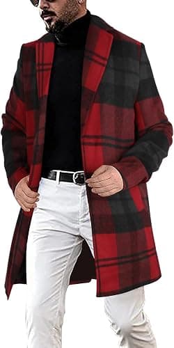 chouyatou Men's Casual Notched Collar Plaid Single Breasted Wool Blend Formal Trench Top Coat - Image 1