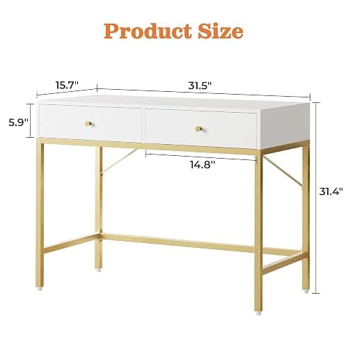 SUPERJARE 31.5" White and Gold Desk with 2 Drawers, Modern Vanity Desk, Small Makeup Table for Home Office Writing Study Bedroom thumbnail 7