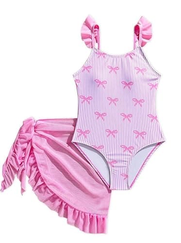 Ecolala Girls One Piece Swimsuits Ruffle Straps Bow Stripe Print Cute Bathing Suits with Mesh Swim Cover Up Skirt - Image 1