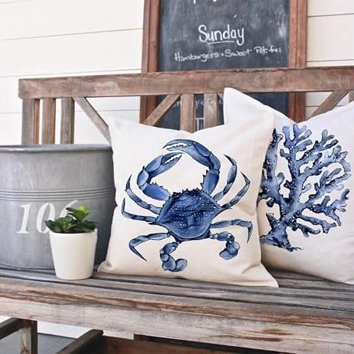 PANDICORN Sea Life Coastal Throw Pillow Covers 18x18 Inch Starfish Turtle Crab Coral Indigo Blue Summer Beach Ocean Nautical Outdoor Decorations Decorative Throw Pillows Cases Set of 4 for Couch Decor thumbnail 6