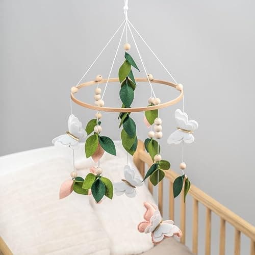 Butterfly Mobile for Crib - A Beautiful Butterfly Handmade Crib Mobile with Green Leaves, Pink, White and Gold Detail for a Nature or Wildflower Theme Nursery thumbnail 5