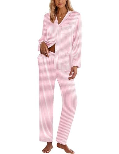 Ekouaer Silk Pajamas for Women Classic Button Down Satin Pajama Sets Long Sleeve Lounge Set - Image 1