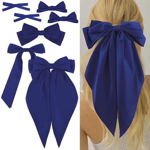 Ahoney 7 Pack Navy Blue Bows for Hair Bows Silky Satin Big Hair Bow Hair Clips Multi Style French Long Hair Ribbon Hair Accessories Barrettes for Women Girls thumbnail 6