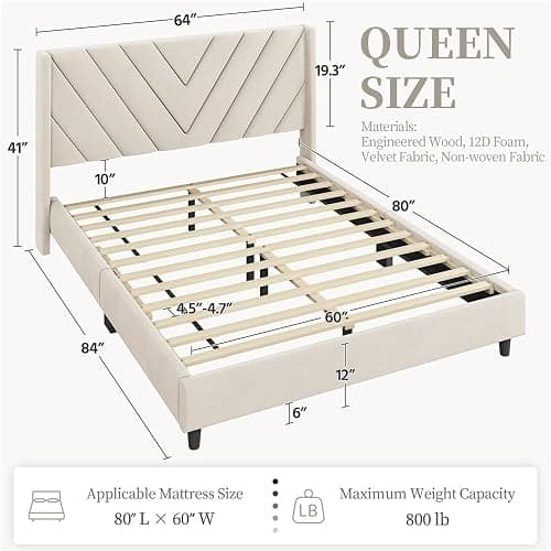 Yaheetech Queen Bed Frame Upholstered Platform Bed with Wing Side/Wooden Slat Support/Tufted Headboard with Wing Side/Mattress Foundation/No Box Spring Needed,Beige Queen Bed thumbnail 2