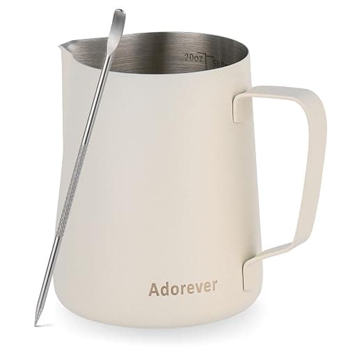 Milk Frothing Pitcher, 600ml/20oz Steaming Pitchers Stainless Steel Milk Coffee Cappuccino Latte Art Barista Steam Pitchers Milk Jug Cup with Decorating Art Pen, Matte White - Image 1