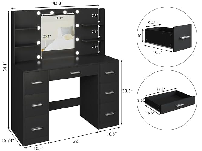 YESHOMY Vanity Desk with Mirror, Power Outlet and 10 Lights, Makeup Table with 7 Drawers, 3 Color Modes Available for Bedroom, Pure Black thumbnail 2