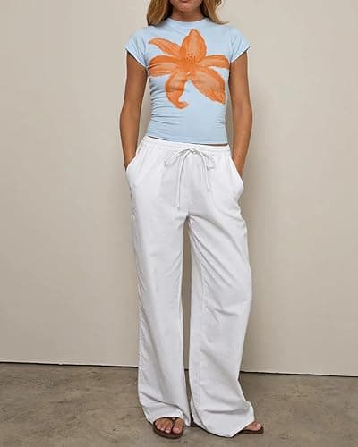 Cioatin Women Y2K Short Sleeve Flower Graphic Baby Tee Shirt Vintage Aesthetic Floral Print Summer Crop Tshirt Tops thumbnail 5