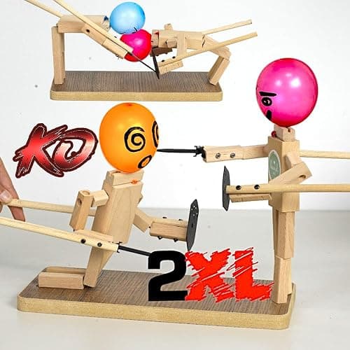 Handmade Wooden Fencing Puppets Toys , Whack A Balloon Strategy Board Game,Balloon Bamboo Man Battle Pre Assembled, Challenge Friends , Game Night Favorite ,Party Games for Groups (with 200 Balloons) - Image 1