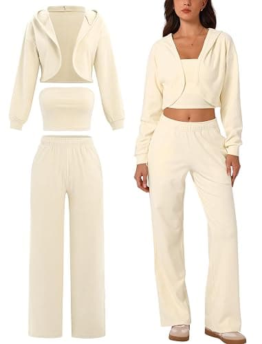 ABOCIW Womens 3 Piece Outfits Brushed Jersey Long Sleeve Hooded Cropped Shrug Bandeau Top Wide Leg Sweatpants Tracksuit - Image 1