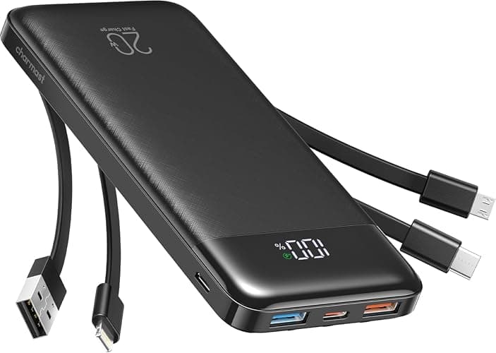 Charmast Power Bank with Built in Cables, 20000mAh USB C Battery Pack 5 Outputs 4 Inputs with LED Display Type C Powerbank,22.5W Fast Charging Portable Charger Compatible with Smartphones and More - Image 1